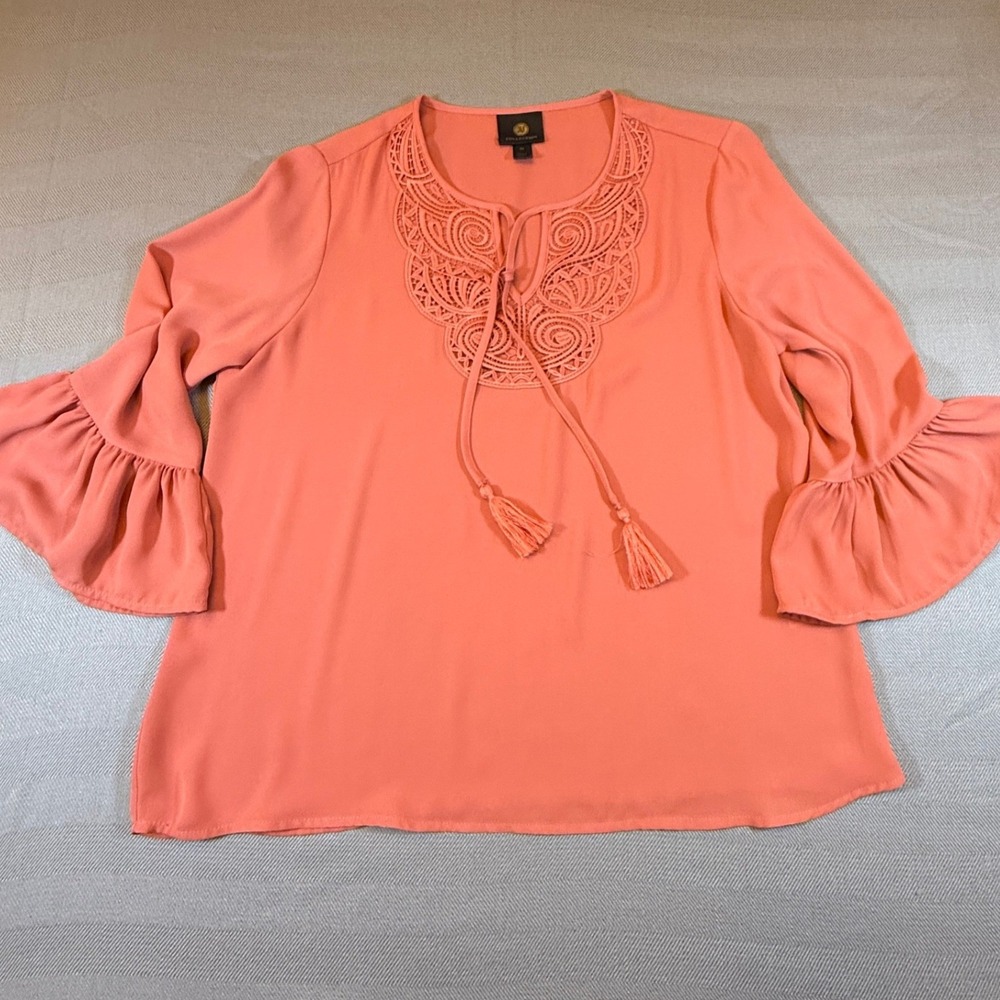 JM Collection Coral Pink Crochet Tie Neck Bell Sleeve Blouse PS WPL8046 2480
